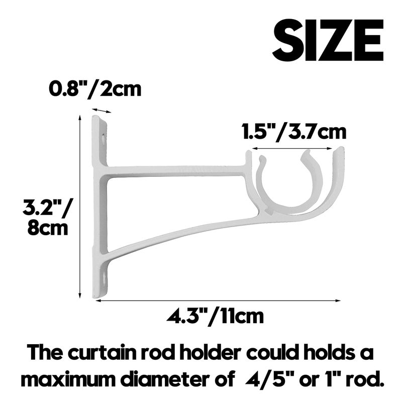 AddGrace 4 Pack Heavy duty Curtain Rod Bracket Single Curtain Rod Holders for 0.8 to 1 Inch Drapery Rod Sturdy Curtain Rod Hooks for Living Room Bedroom Bathroom White - Image 2